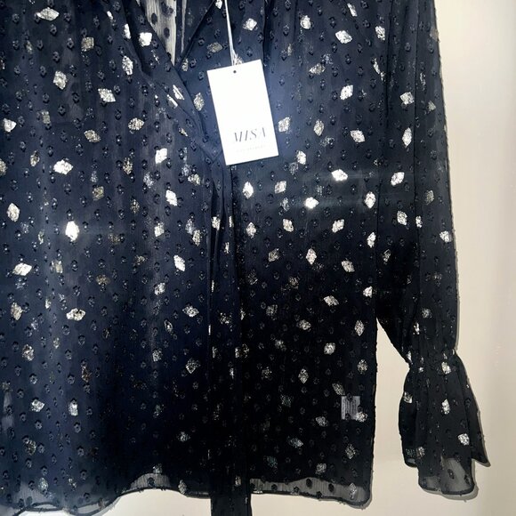 MISA Los Angeles “Gracie” Black Sheer Metallic Diamond Clip Dot Top – NWT Size X - Picture 8 of 14